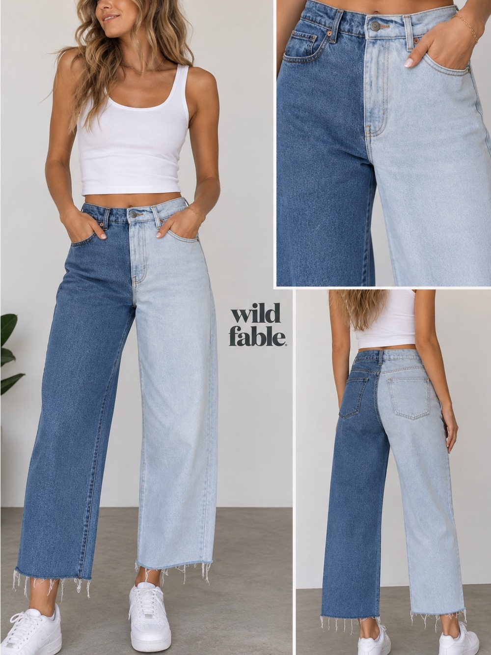 wild fable Two-Tone High-Rise Wide-Leg Jeans in Dark Blue & Light Blue
